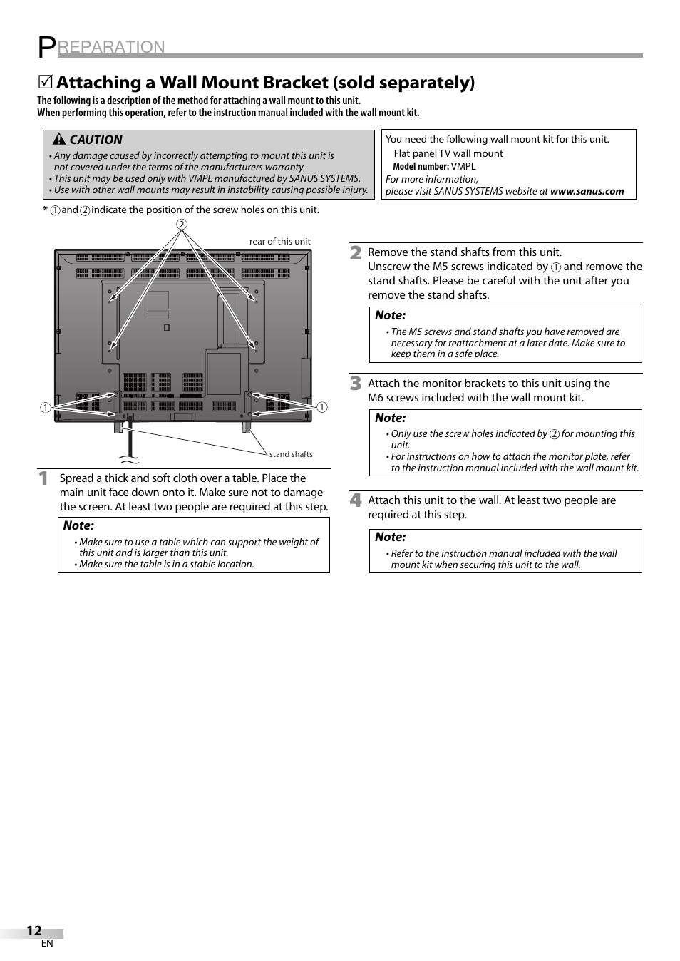 Reparation, Attaching a wall mount bracket (sold separately) | Emerson LC420EM8 User Manual | Page 12 / 72