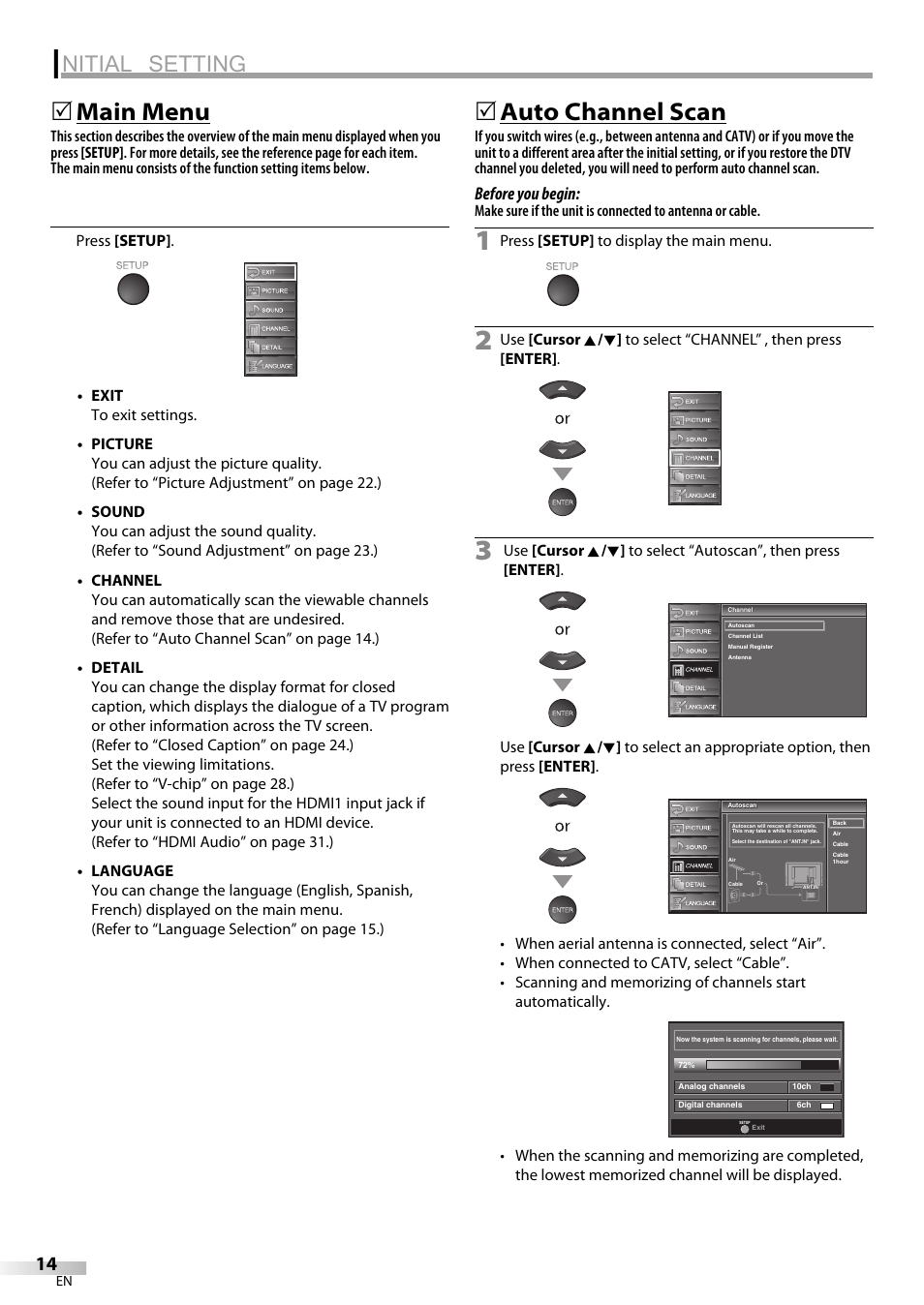 Nitial setting, Main menu, Auto channel scan | Emerson LC420EM8 User Manual | Page 14 / 72