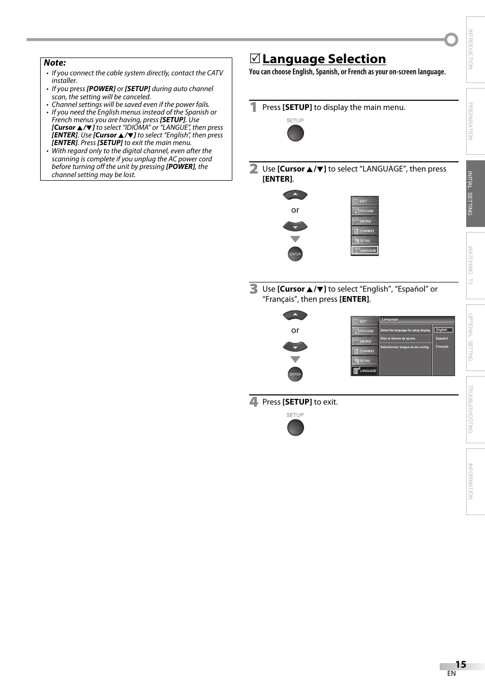 Language selection | Emerson LC420EM8 User Manual | Page 15 / 72