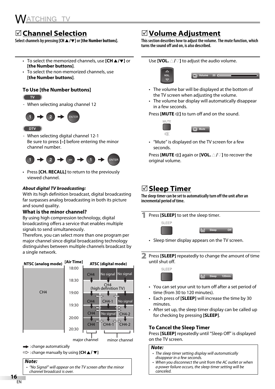 Atching tv, Channel selection, Volume adjustment | Sleep timer | Emerson LC420EM8 User Manual | Page 16 / 72