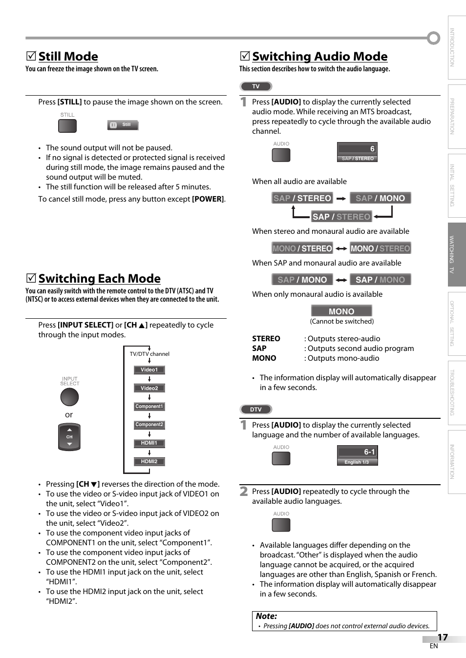 Still mode, Switching each mode, Switching audio mode | Emerson LC420EM8 User Manual | Page 17 / 72