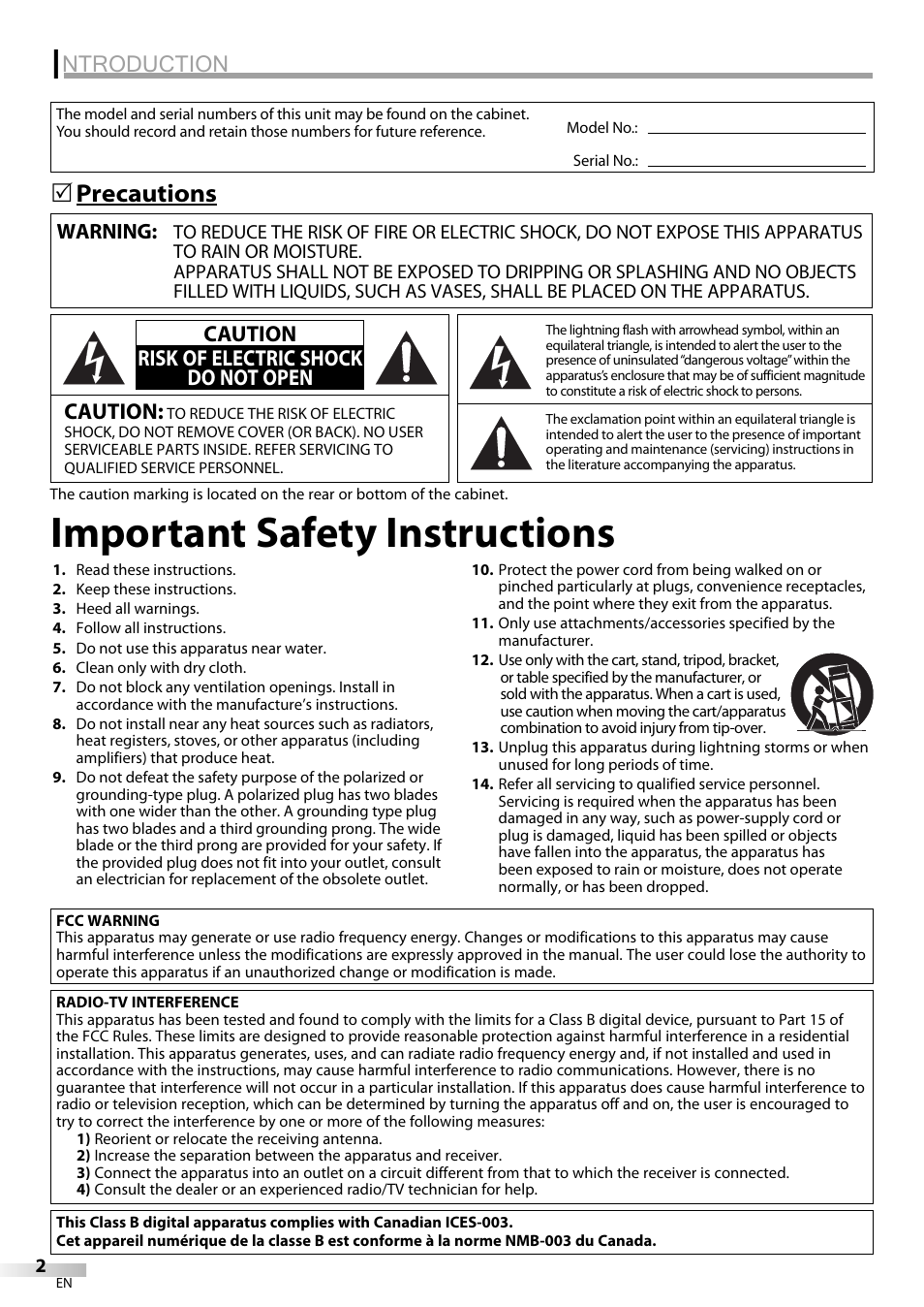 Important safety instructions, Ntroduction, Precautions 5 | Emerson LC420EM8 User Manual | Page 2 / 72
