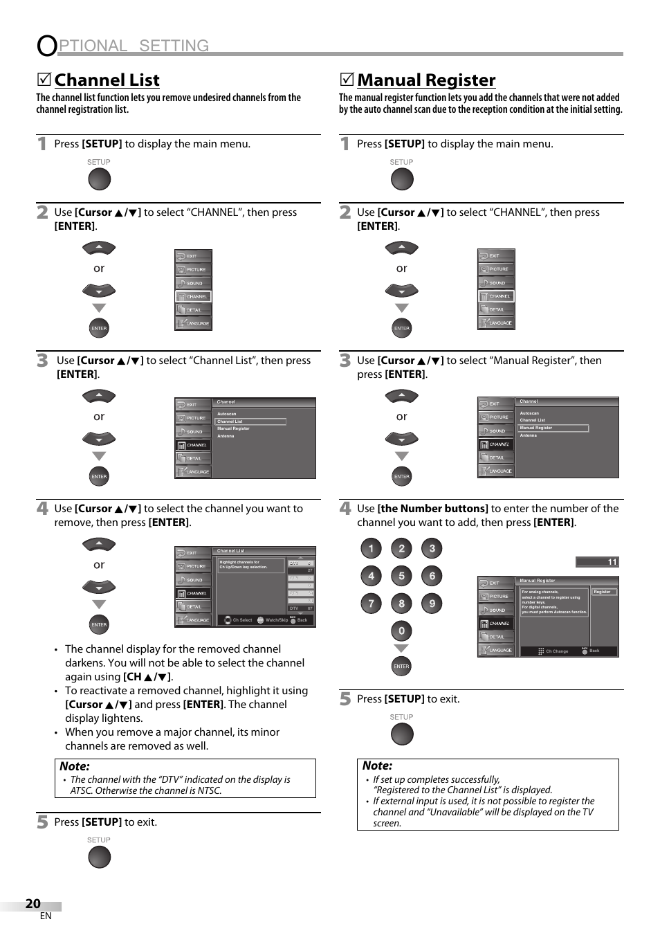 Ptional setting, Channel list, Manual register | Emerson LC420EM8 User Manual | Page 20 / 72