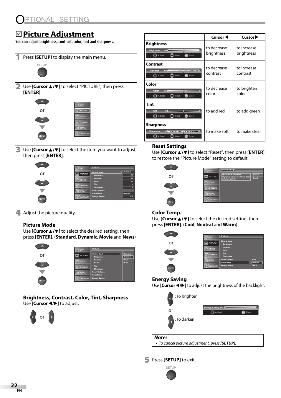 Ptional setting, Picture adjustment, Picture mode | Brightness, contrast, color, tint, sharpness, Reset settings, Color temp, Energy saving, Press [setup] to display the main menu, Adjust the picture quality, Use [cursor s / b ] to adjust | Emerson LC420EM8 User Manual | Page 22 / 72