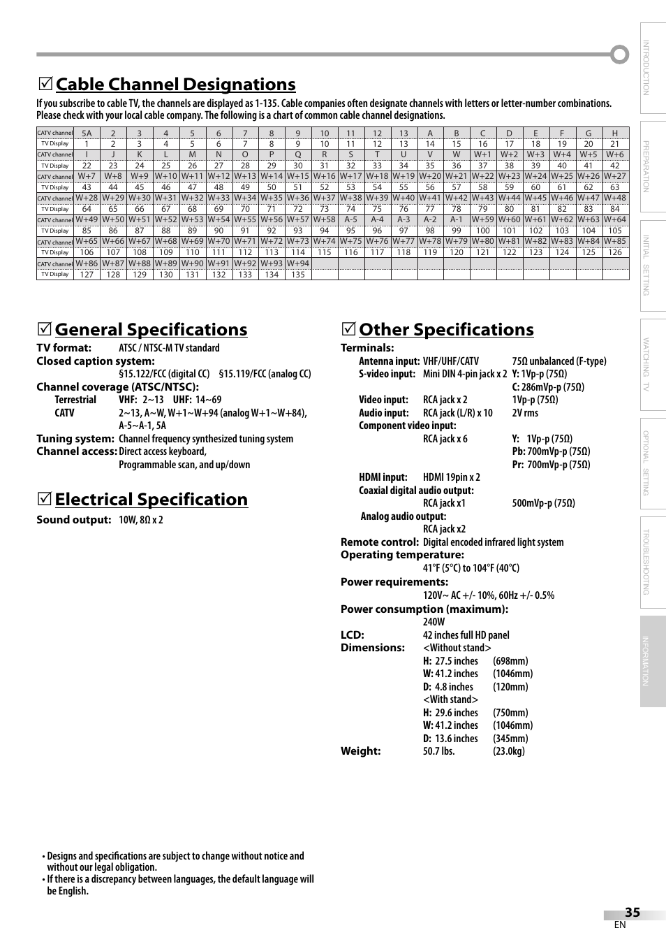 General specifications, Electrical specification, 5other specifications | Cable channel designations 5, Troubleshooting information | Emerson LC420EM8 User Manual | Page 35 / 72