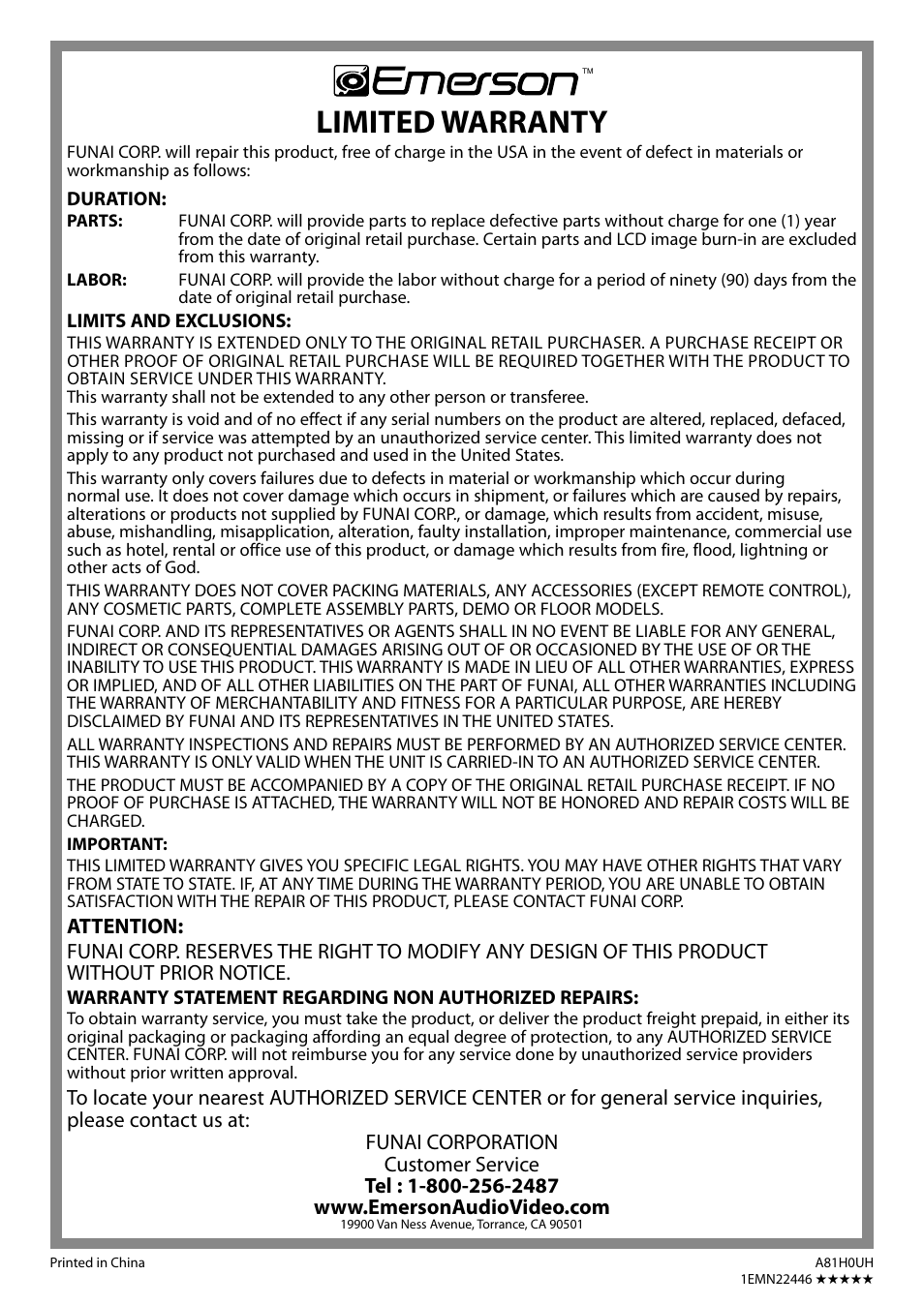Limited warranty | Emerson LC420EM8 User Manual | Page 36 / 72
