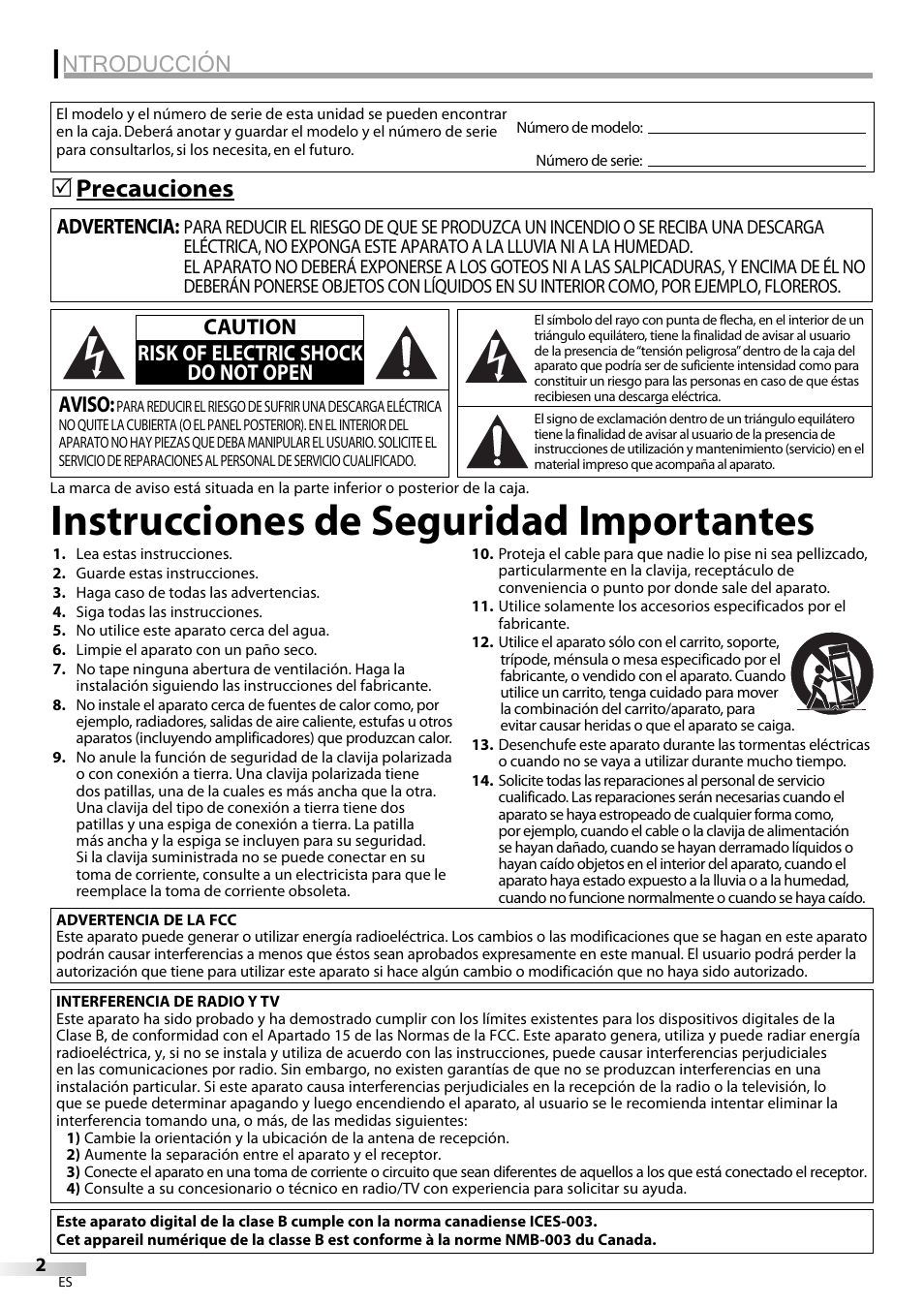 Instrucciones de seguridad importantes, Ntroducción, Precauciones 5 | Aviso, Caution risk of electric shock do not open | Emerson LC420EM8 User Manual | Page 38 / 72