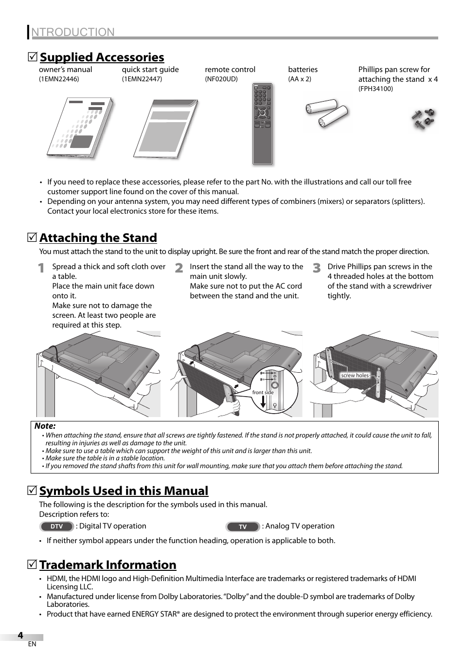 Ntroduction, Symbols used in this manual, Supplied accessories 5 | Attaching the stand, Trademark information | Emerson LC420EM8 User Manual | Page 4 / 72