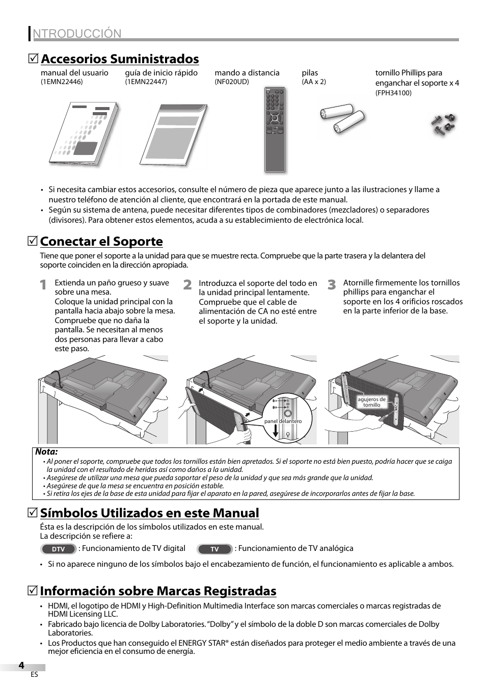 Ntroducción, Símbolos utilizados en este manual, Accesorios suministrados 5 conectar el soporte | Información sobre marcas registradas | Emerson LC420EM8 User Manual | Page 40 / 72