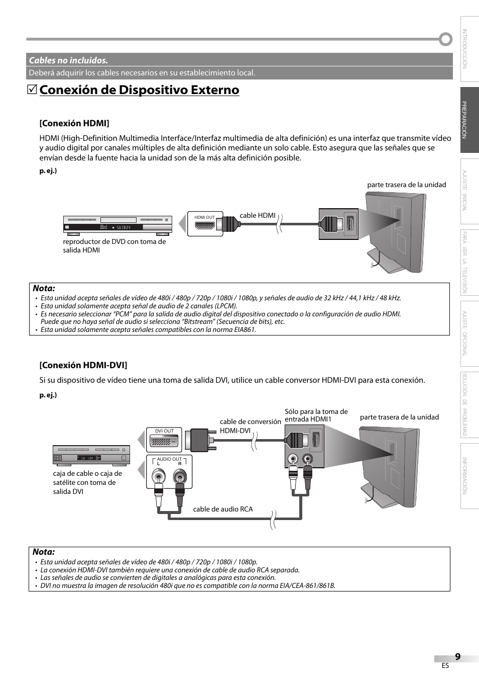 Conexión de dispositivo externo, Conexión hdmi, Nota | Conexión hdmi-dvi, Cables no incluidos | Emerson LC420EM8 User Manual | Page 45 / 72