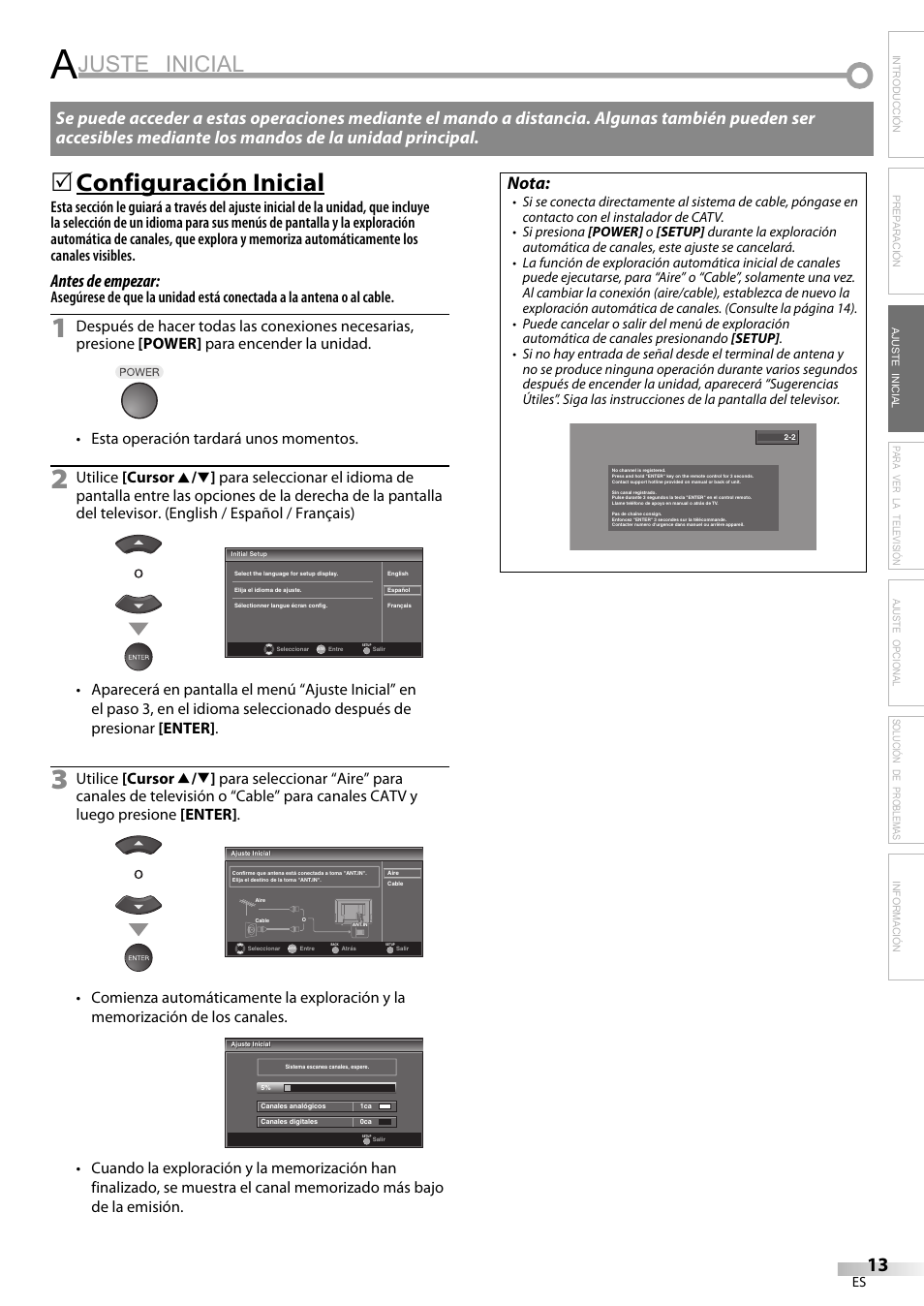 Juste inicial, Configuración inicial, Antes de empezar | Nota | Emerson LC420EM8 User Manual | Page 49 / 72