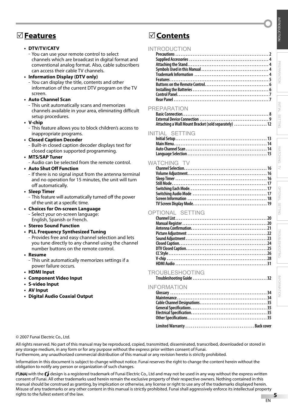Introduction, Preparation, Initial setting | Watching tv, Optional setting, Troubleshooting, Information, Contents 5, Features 5 | Emerson LC420EM8 User Manual | Page 5 / 72