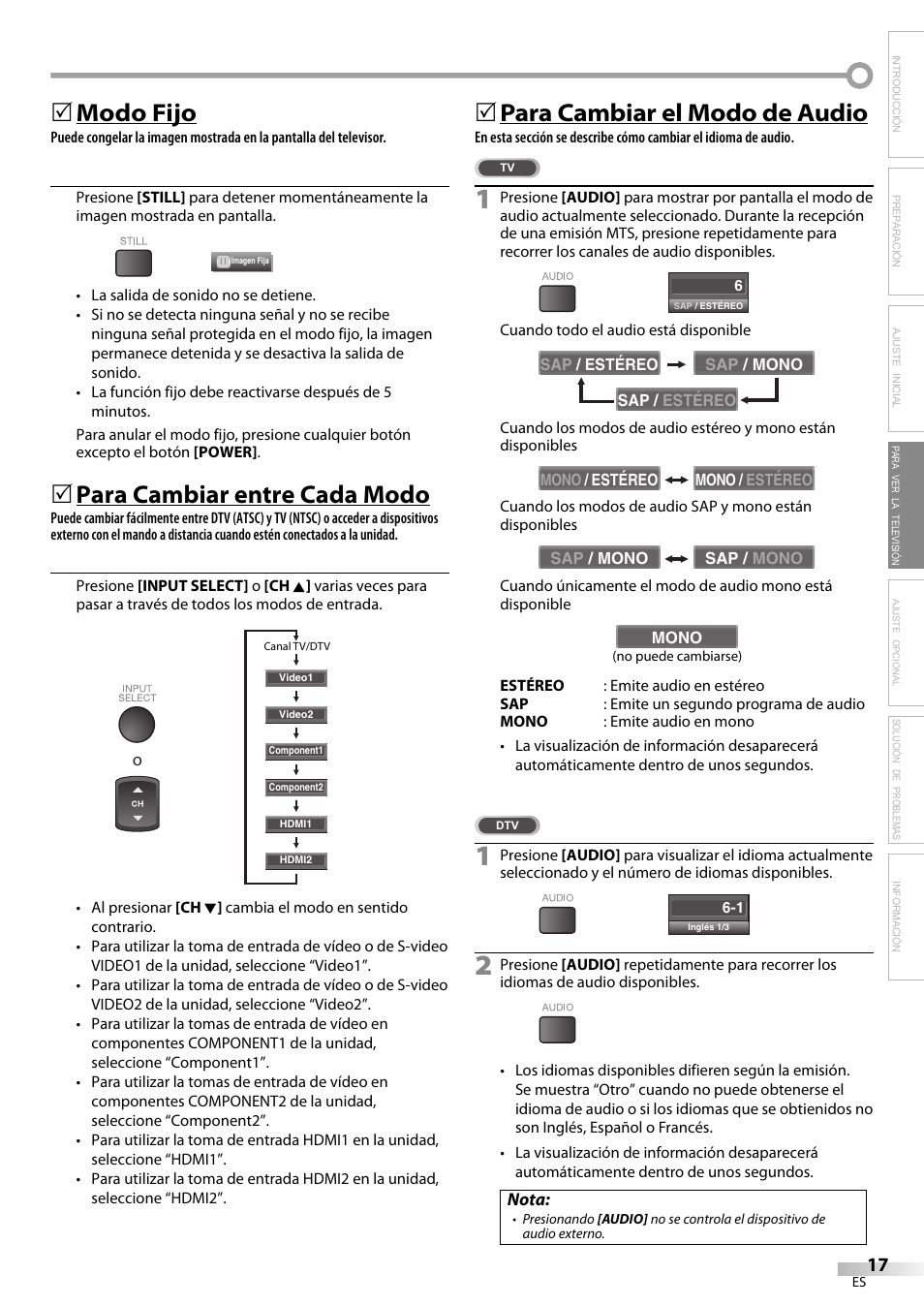 Modo fijo, Para cambiar entre cada modo, Para cambiar el modo de audio | Emerson LC420EM8 User Manual | Page 53 / 72
