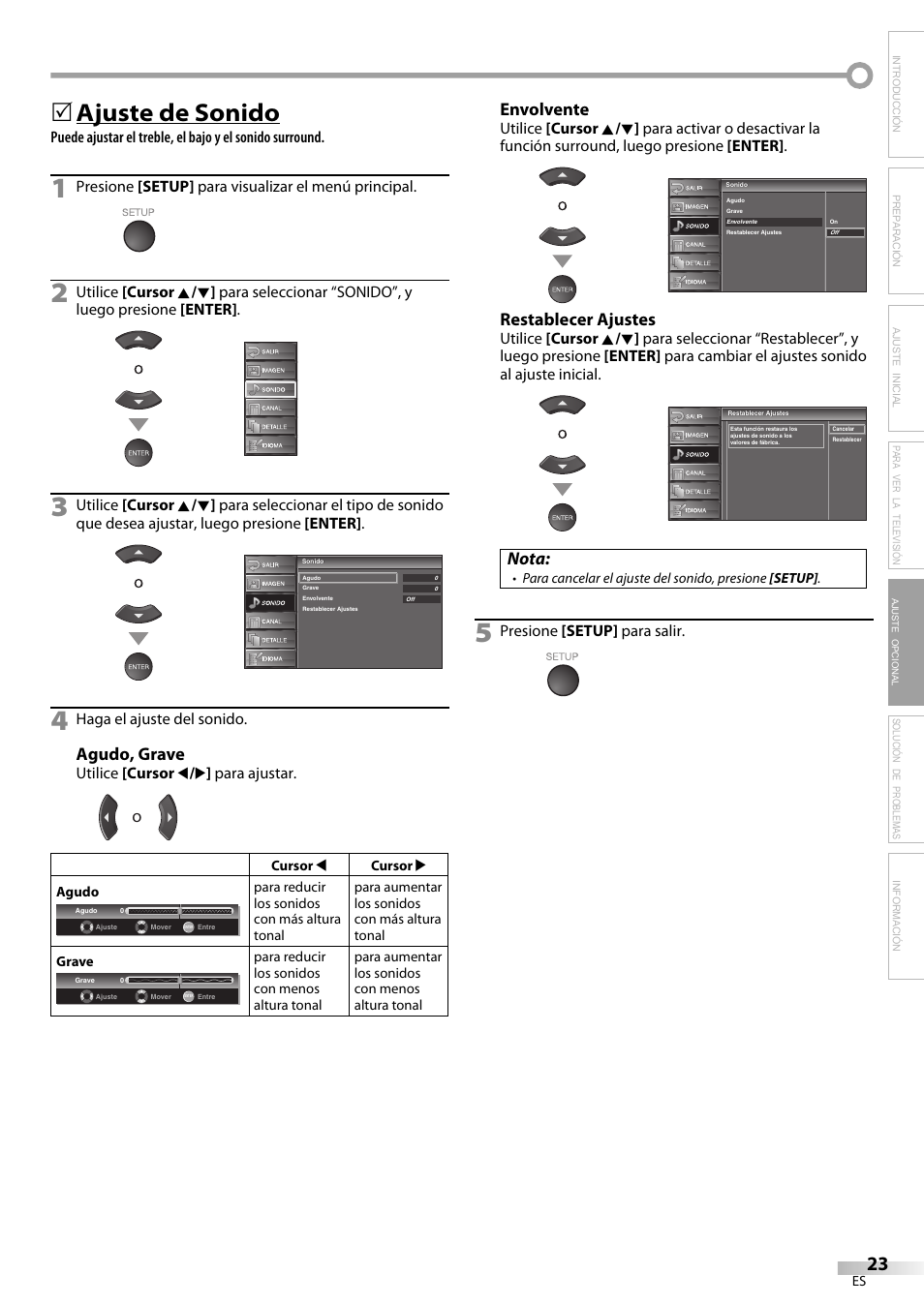 Ajuste de sonido, Agudo, grave, Envolvente | Restablecer ajustes, Nota, Solución de problemas información | Emerson LC420EM8 User Manual | Page 59 / 72