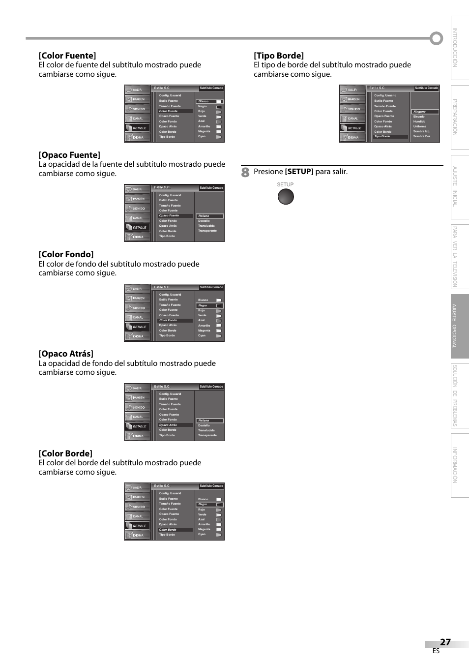 Color fuente, Opaco fuente, Color fondo | Opaco atrás, Color borde, Tipo borde, Solución de problemas información, Presione [setup] para salir, Ajuste opcional | Emerson LC420EM8 User Manual | Page 63 / 72