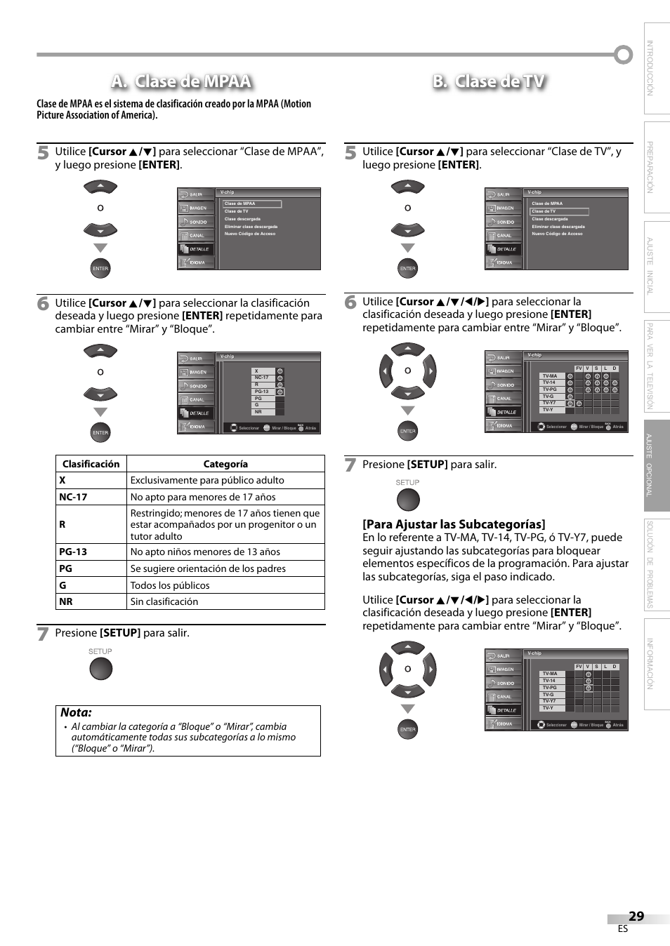 A. clase de mpaa, B. clase de tv, Nota | Para ajustar las subcategorías, Solución de problemas información, Presione [setup] para salir, Ajuste opcional | Emerson LC420EM8 User Manual | Page 65 / 72