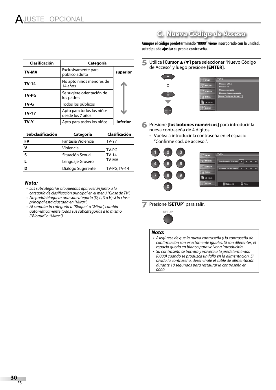 Juste opcional, C. nueva código de acceso | Emerson LC420EM8 User Manual | Page 66 / 72