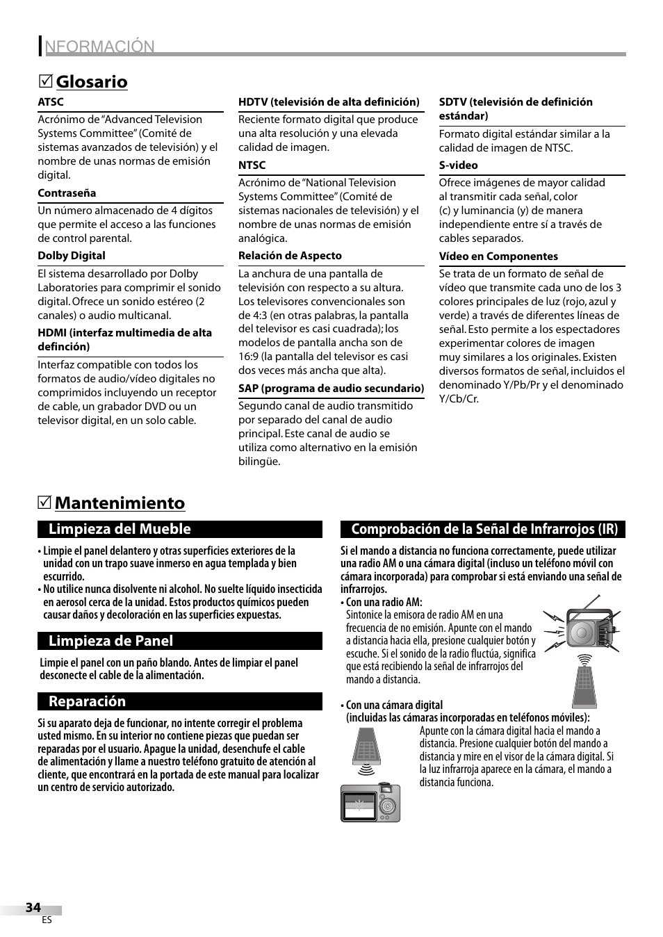 Nformación, Mantenimiento 5, Glosario 5 | Emerson LC420EM8 User Manual | Page 70 / 72
