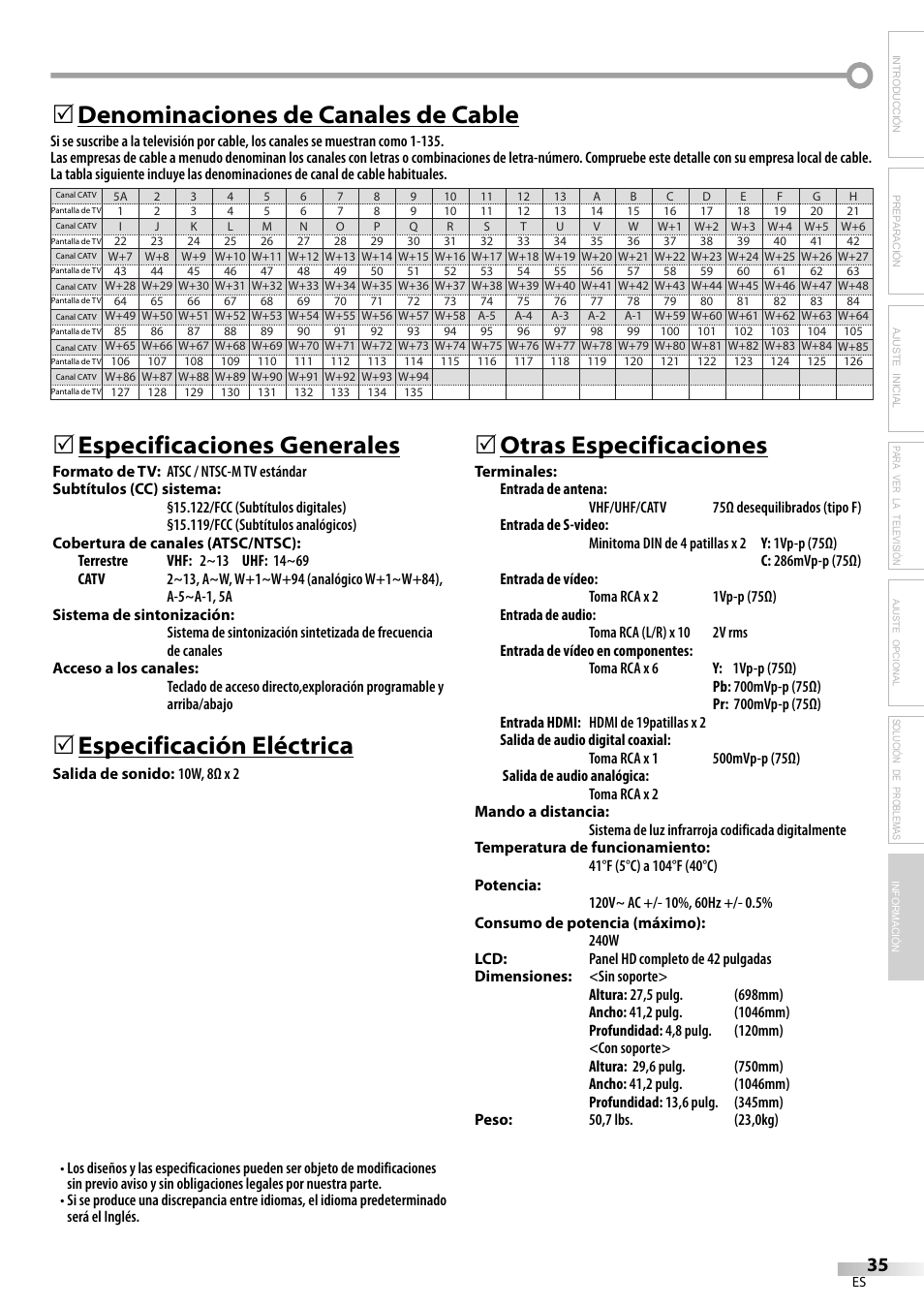 Especificaciones generales, Especificación eléctrica, 5otras especificaciones | Denominaciones de canales de cable 5, Solución de problemas información | Emerson LC420EM8 User Manual | Page 71 / 72