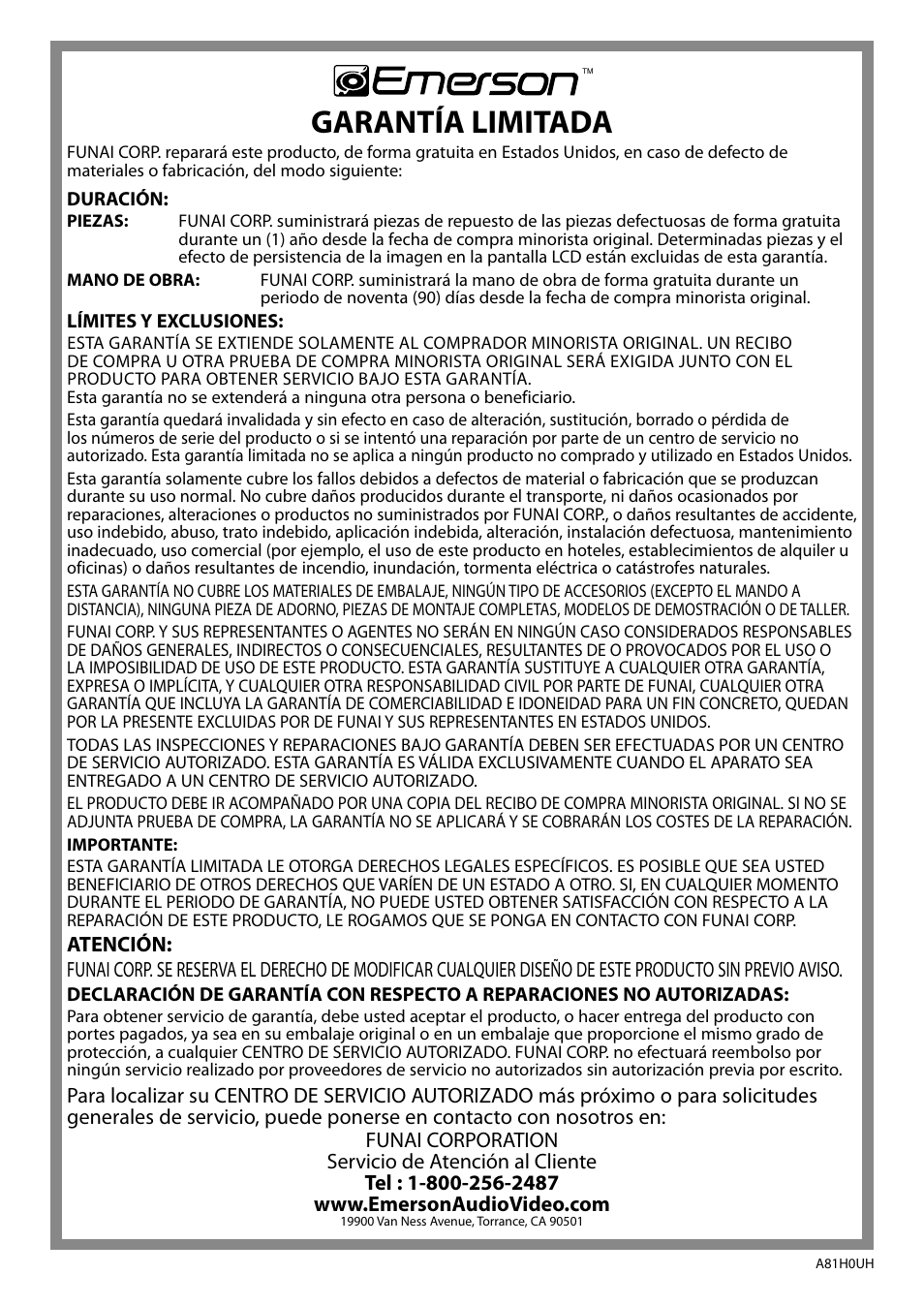 Garantía limitada | Emerson LC420EM8 User Manual | Page 72 / 72