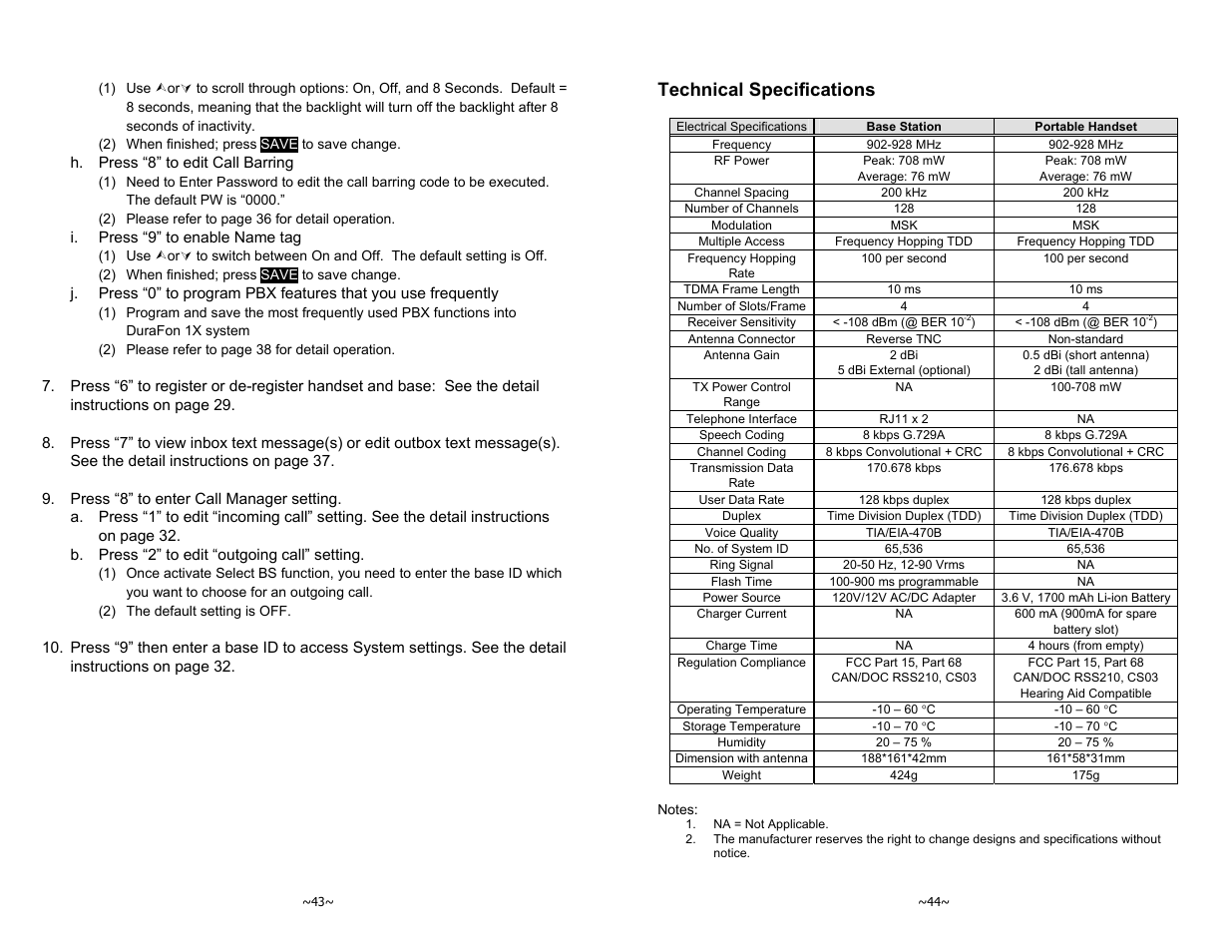 Technical specifications | EnGenius Technologies DURAFON-1X User Manual | Page 22 / 23