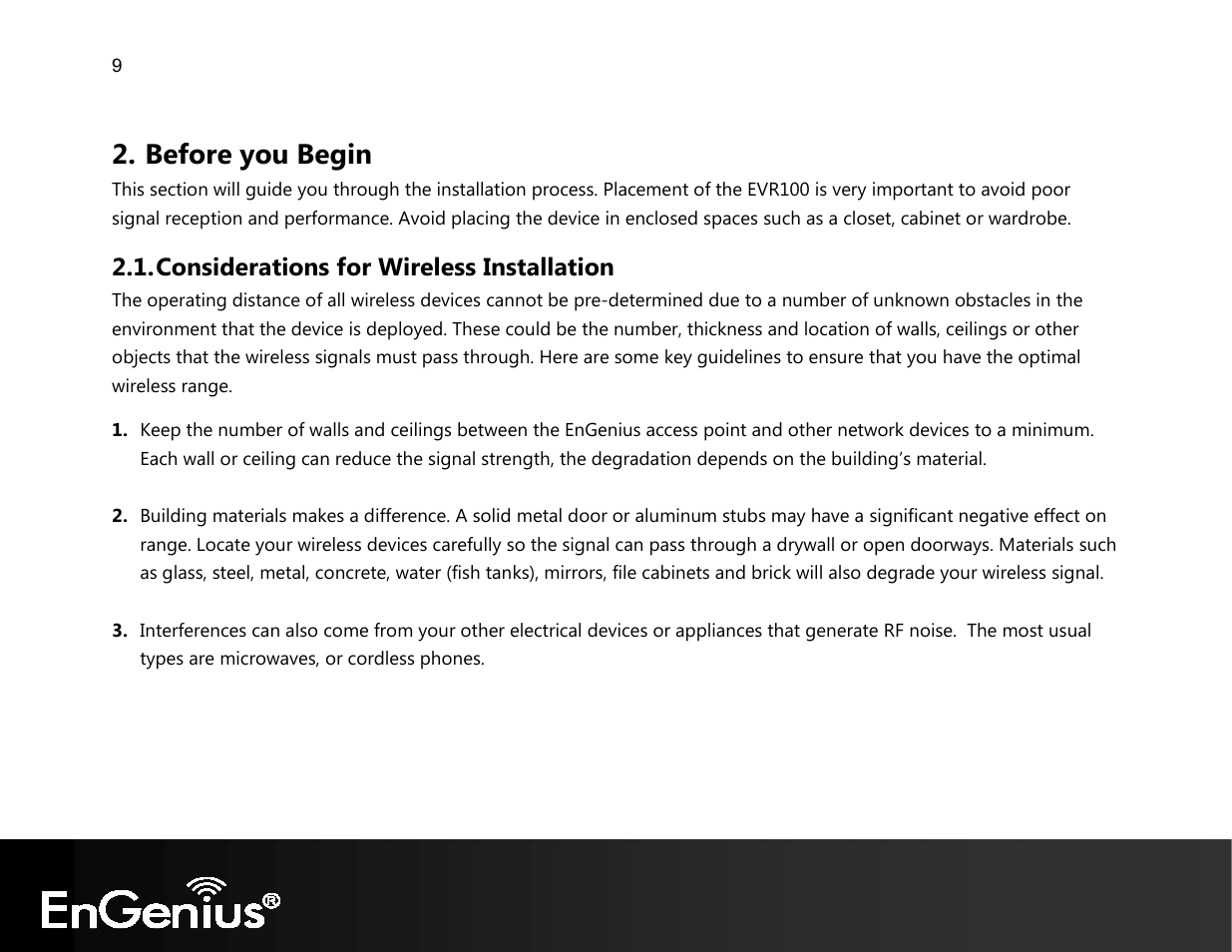 Before you begin, Considerations for wireless installation | EnGenius Technologies EVR100 User Manual | Page 10 / 135