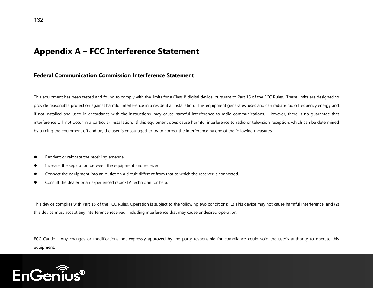 Appendix a – fcc interference statement | EnGenius Technologies EVR100 User Manual | Page 133 / 135