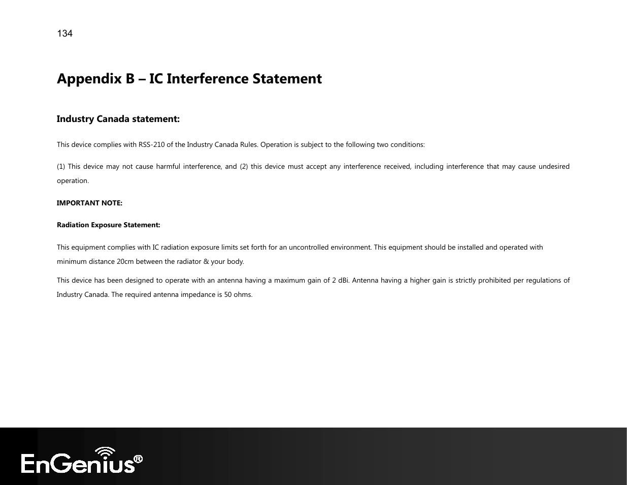 Appendix b – ic interference statement | EnGenius Technologies EVR100 User Manual | Page 135 / 135