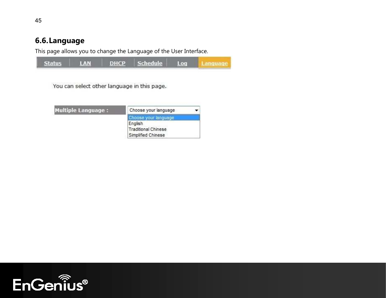 Language | EnGenius Technologies EVR100 User Manual | Page 46 / 135