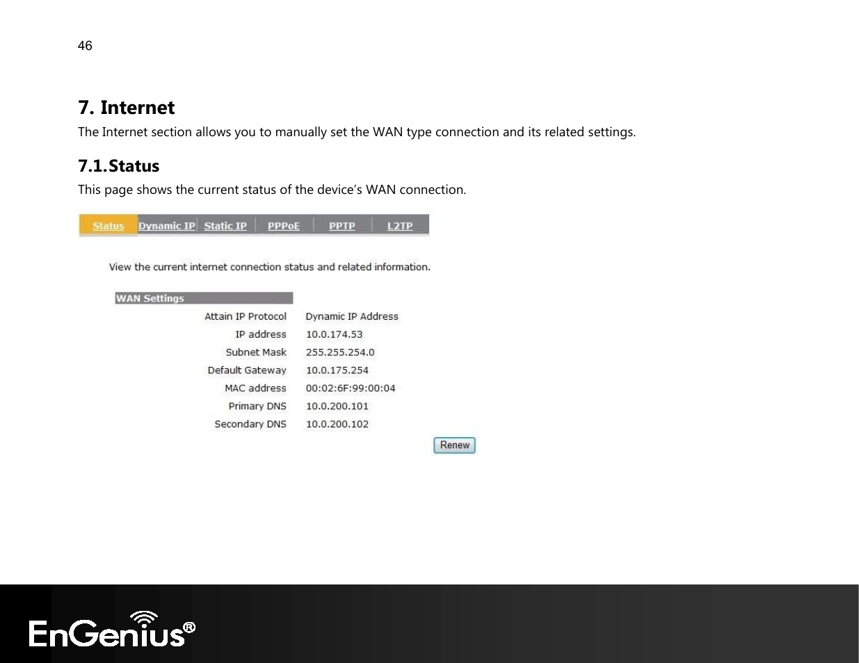 Internet, Status | EnGenius Technologies EVR100 User Manual | Page 47 / 135