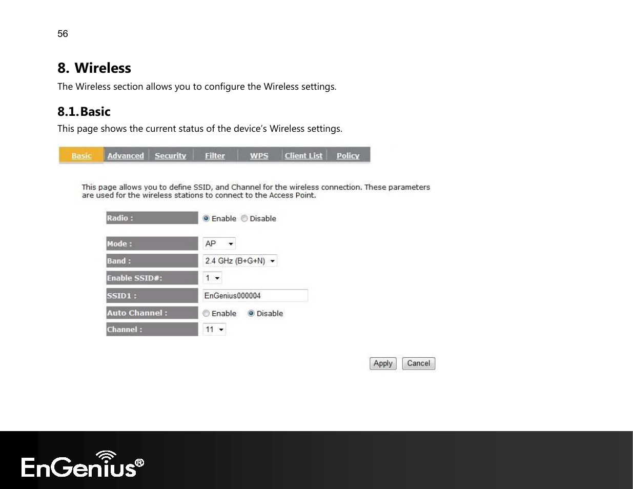 Wireless, Basic | EnGenius Technologies EVR100 User Manual | Page 57 / 135