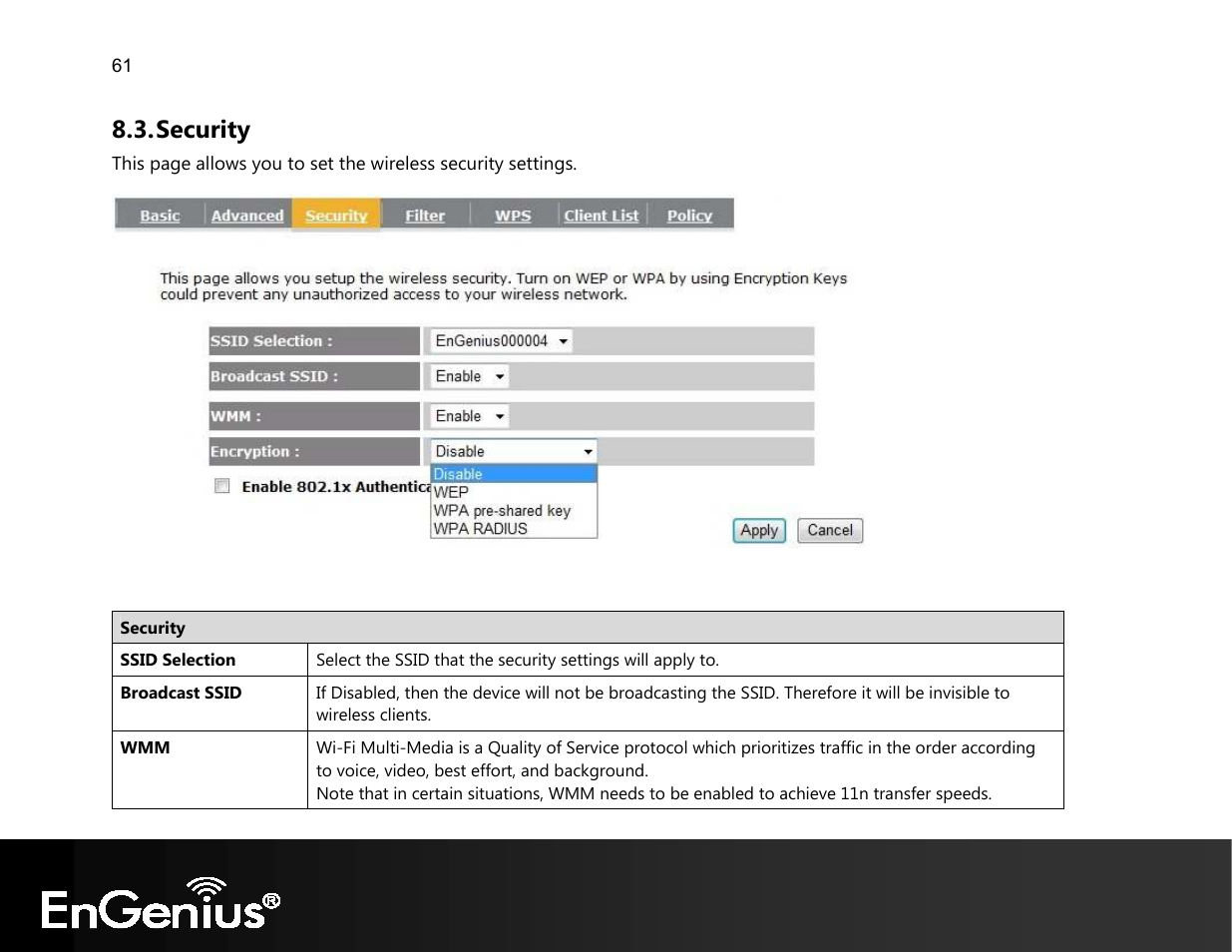 Security | EnGenius Technologies EVR100 User Manual | Page 62 / 135