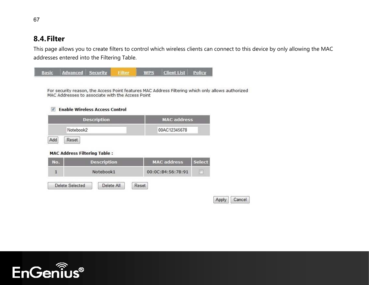 Filter | EnGenius Technologies EVR100 User Manual | Page 68 / 135