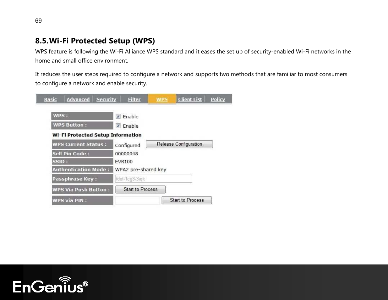 Wi-fi protected setup (wps) | EnGenius Technologies EVR100 User Manual | Page 70 / 135