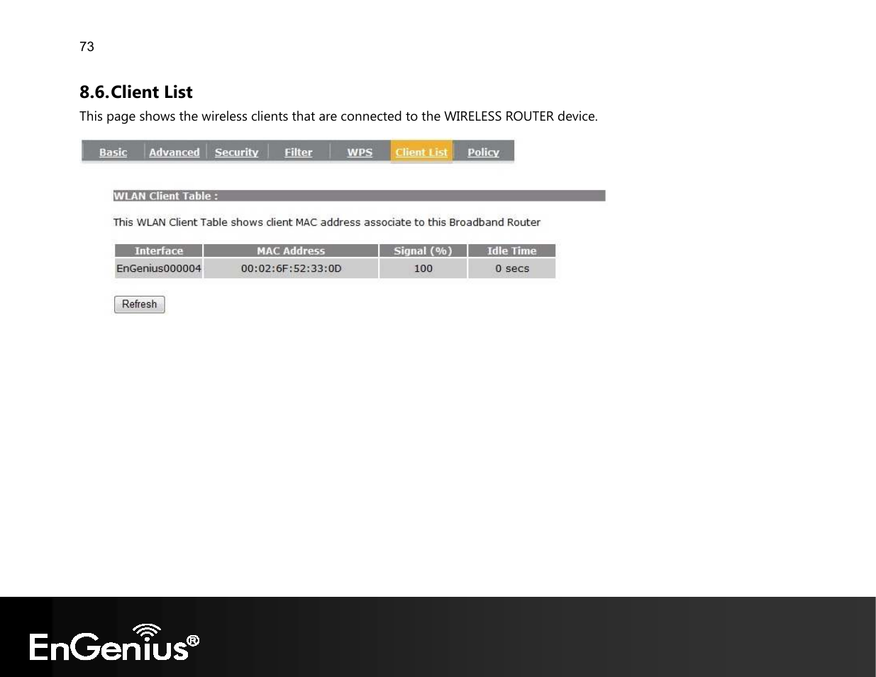 Client list | EnGenius Technologies EVR100 User Manual | Page 74 / 135