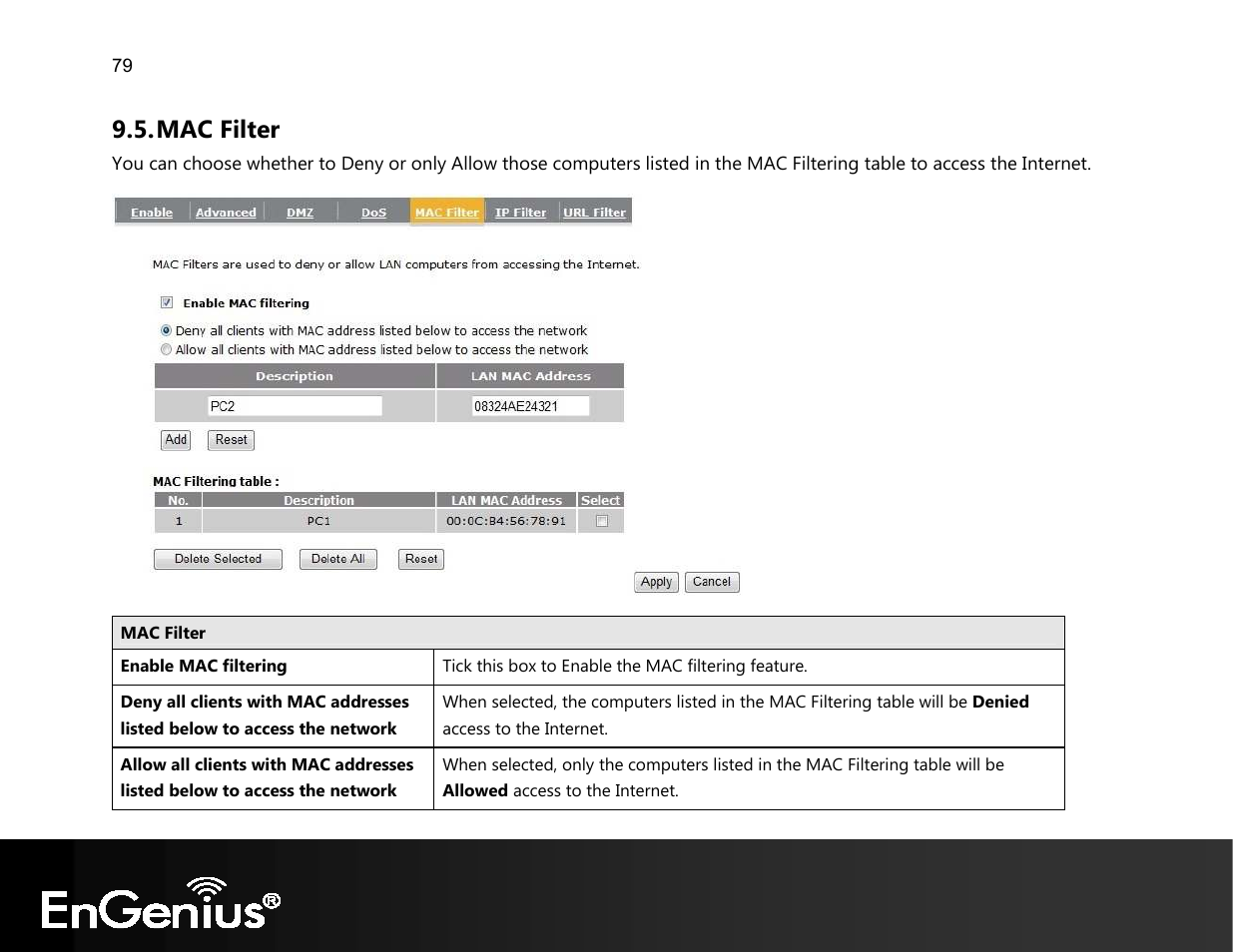 Mac filter | EnGenius Technologies EVR100 User Manual | Page 80 / 135