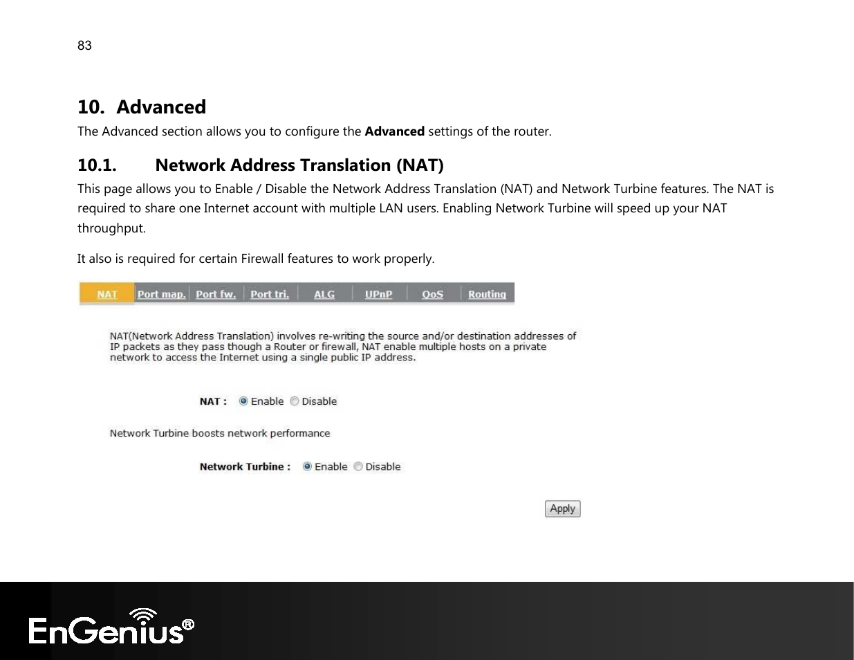 Advanced, Network address translation (nat) | EnGenius Technologies EVR100 User Manual | Page 84 / 135