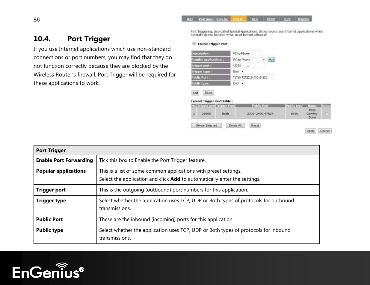 Port trigger | EnGenius Technologies EVR100 User Manual | Page 87 / 135