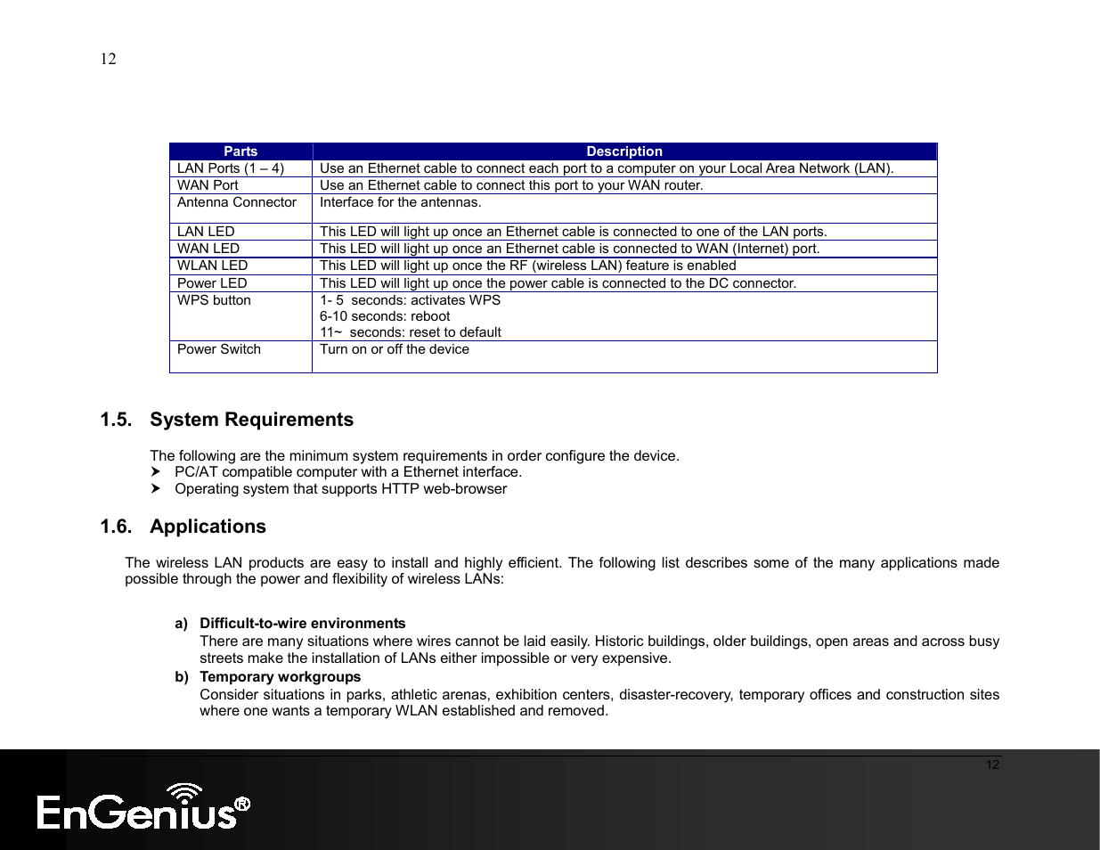 System requirements, Applications | EnGenius Technologies ESR9855G User Manual | Page 12 / 126