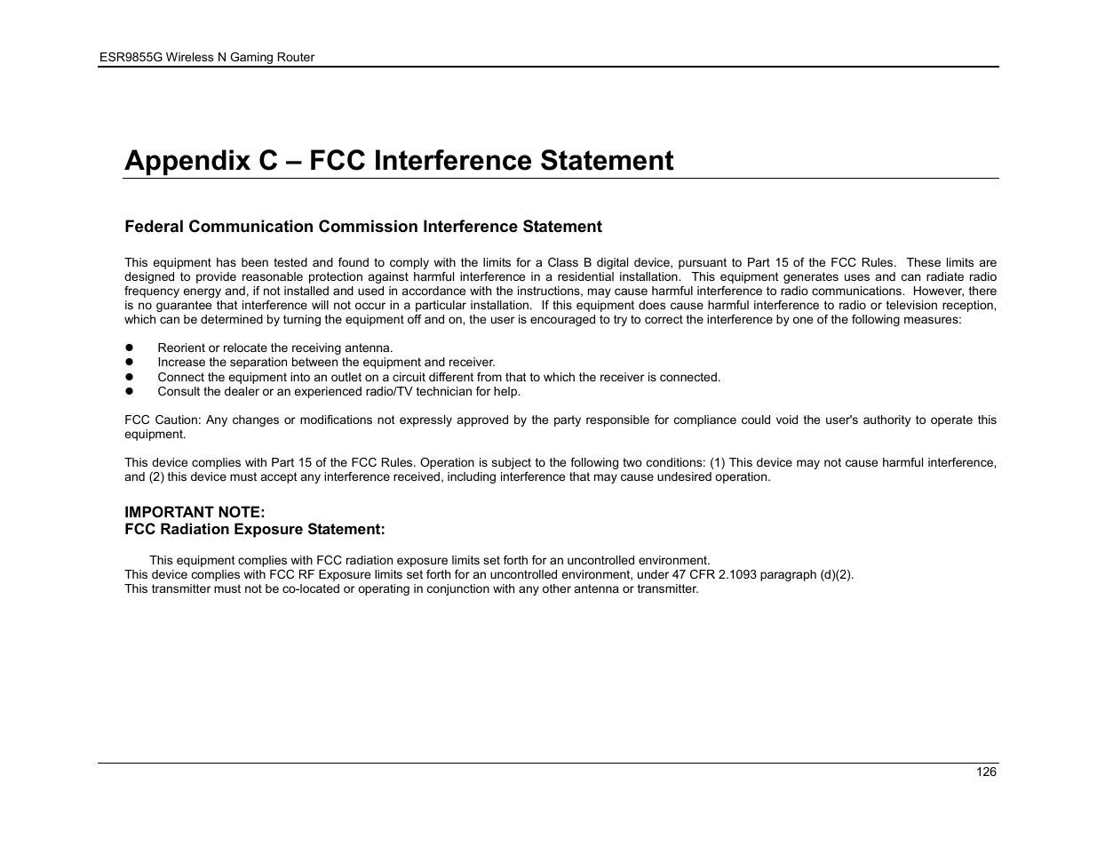 Appendix c – fcc interference statement | EnGenius Technologies ESR9855G User Manual | Page 126 / 126