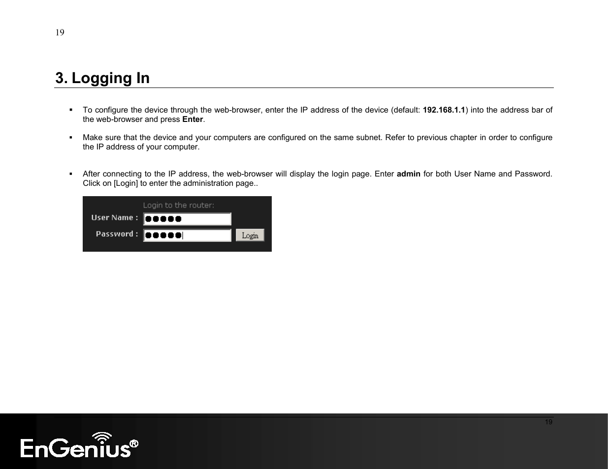 Logging in | EnGenius Technologies ESR9855G User Manual | Page 19 / 126