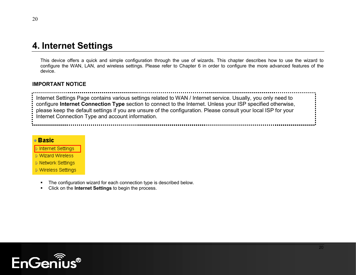 Internet settings | EnGenius Technologies ESR9855G User Manual | Page 20 / 126