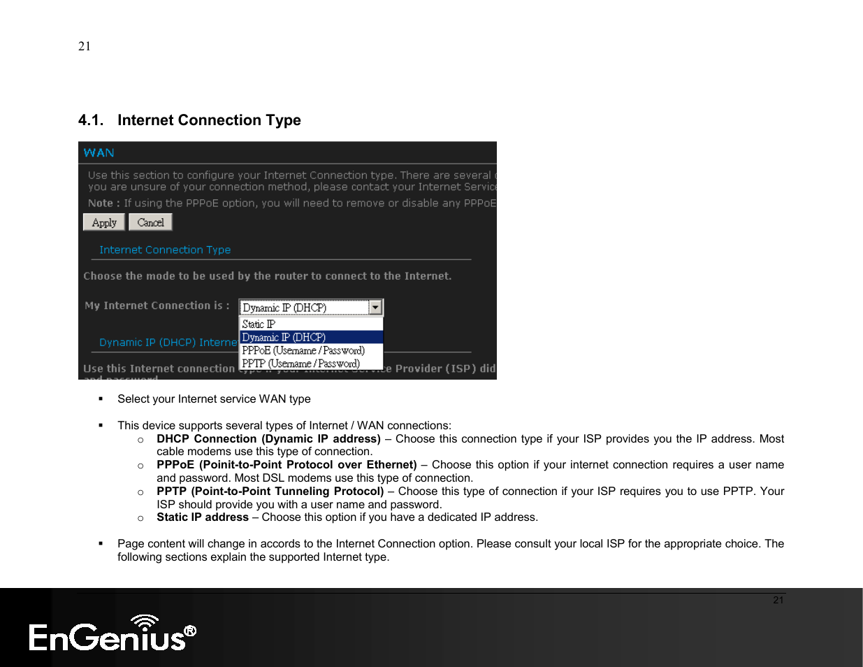 Internet connection type | EnGenius Technologies ESR9855G User Manual | Page 21 / 126