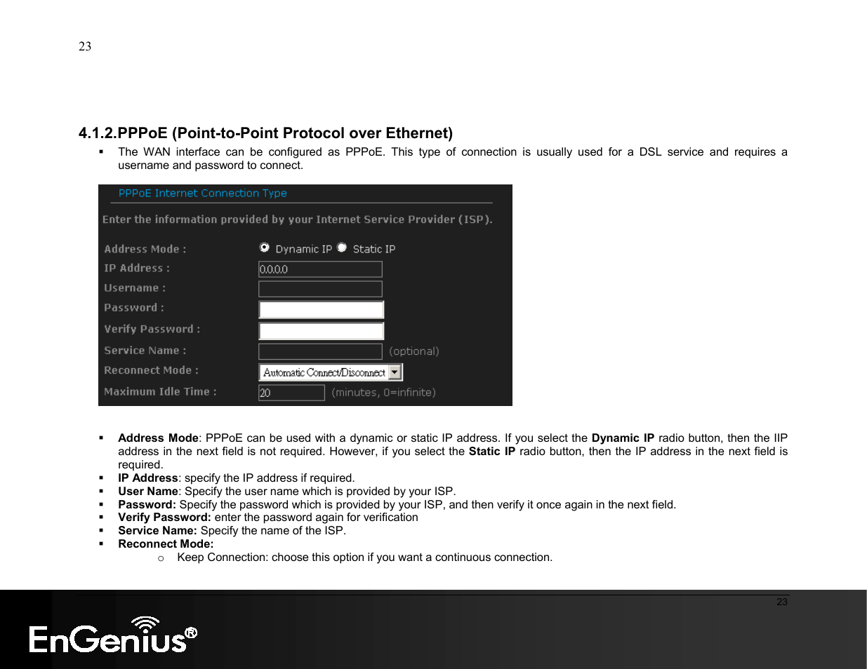 Pppoe (point-to-point protocol over ethernet) | EnGenius Technologies ESR9855G User Manual | Page 23 / 126