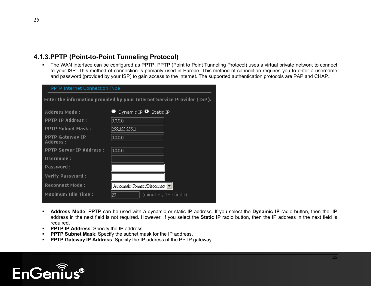 Pptp (point-to-point tunneling protocol) | EnGenius Technologies ESR9855G User Manual | Page 25 / 126