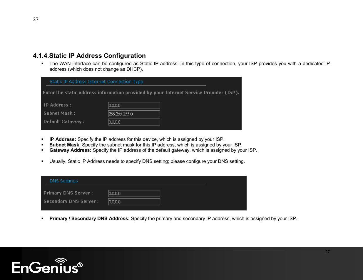 Static ip address configuration | EnGenius Technologies ESR9855G User Manual | Page 27 / 126