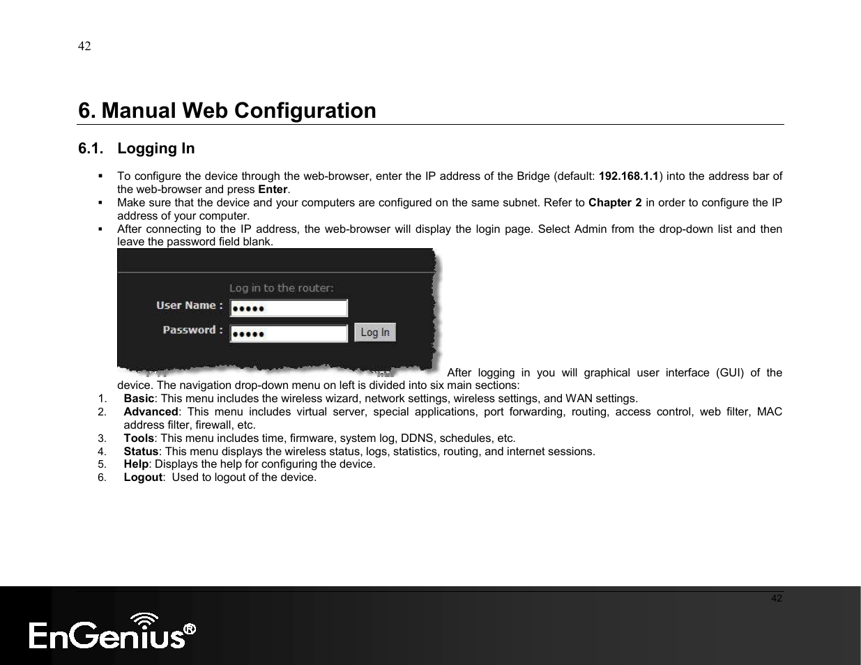 Manual web configuration, Logging in | EnGenius Technologies ESR9855G User Manual | Page 42 / 126