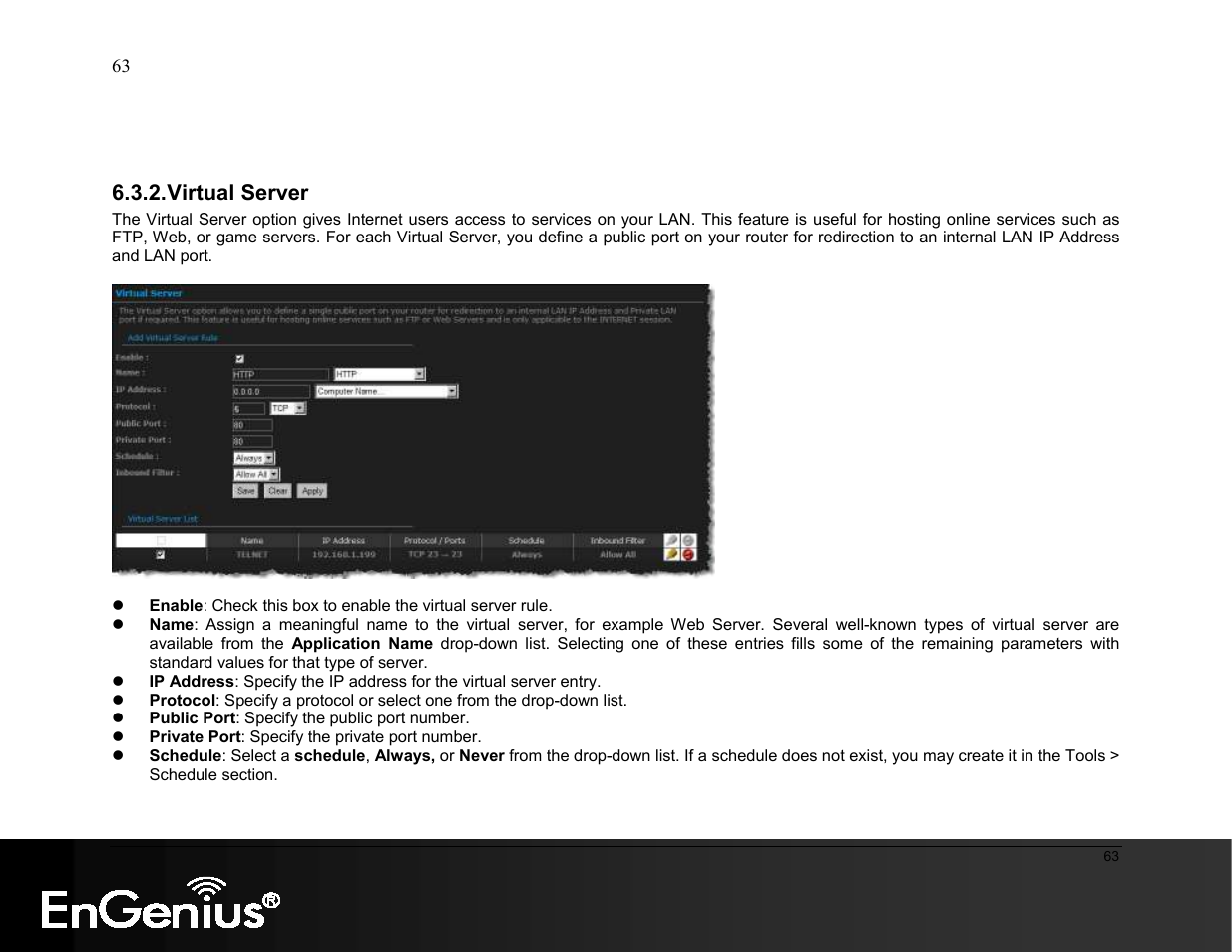 Virtual server | EnGenius Technologies ESR9855G User Manual | Page 63 / 126