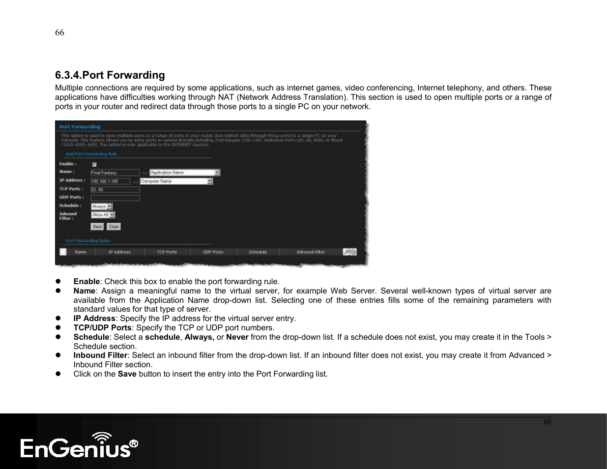 Port forwarding | EnGenius Technologies ESR9855G User Manual | Page 66 / 126