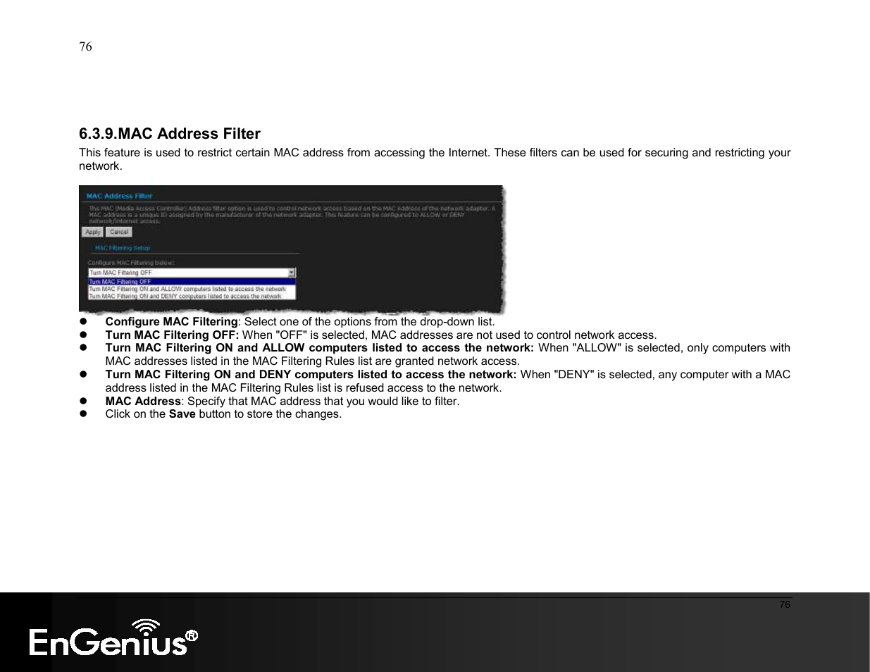 Mac address filter | EnGenius Technologies ESR9855G User Manual | Page 76 / 126